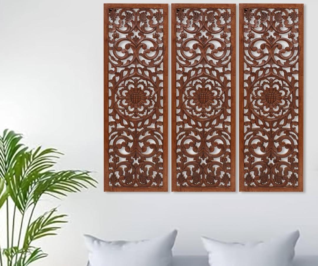 Carved Wall Panel Set  Natural Burnt Finish, 36x36 inch (12x36  Set of 3) (36L" x 36W")