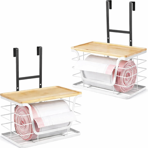 2-Pack Trash Bag Holder - Extra Large Garbage Bag Holder with Stackable Bamboo Top, Adjustable Hooks for Cabinet Door - Organizers in Kitchen/Pantry/Laundry Room