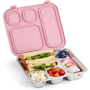 Elk and Friends Kids Stainless Steel Bento Box with Silicone Lid | Leak-proof | Toddler Lunch Container | 4 Compartments | Dishwasher Safe (Blush)