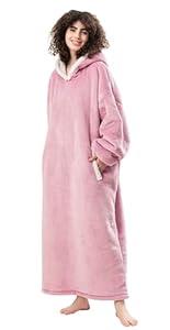 HBlife Long Oversized Wearable Blanket Hoodie for Adults, Thick Sherpa Fleece Sweatshirt with Elastic Sleeves & Giant Pockets, Cozy Plush Fleece Jacket, Pink