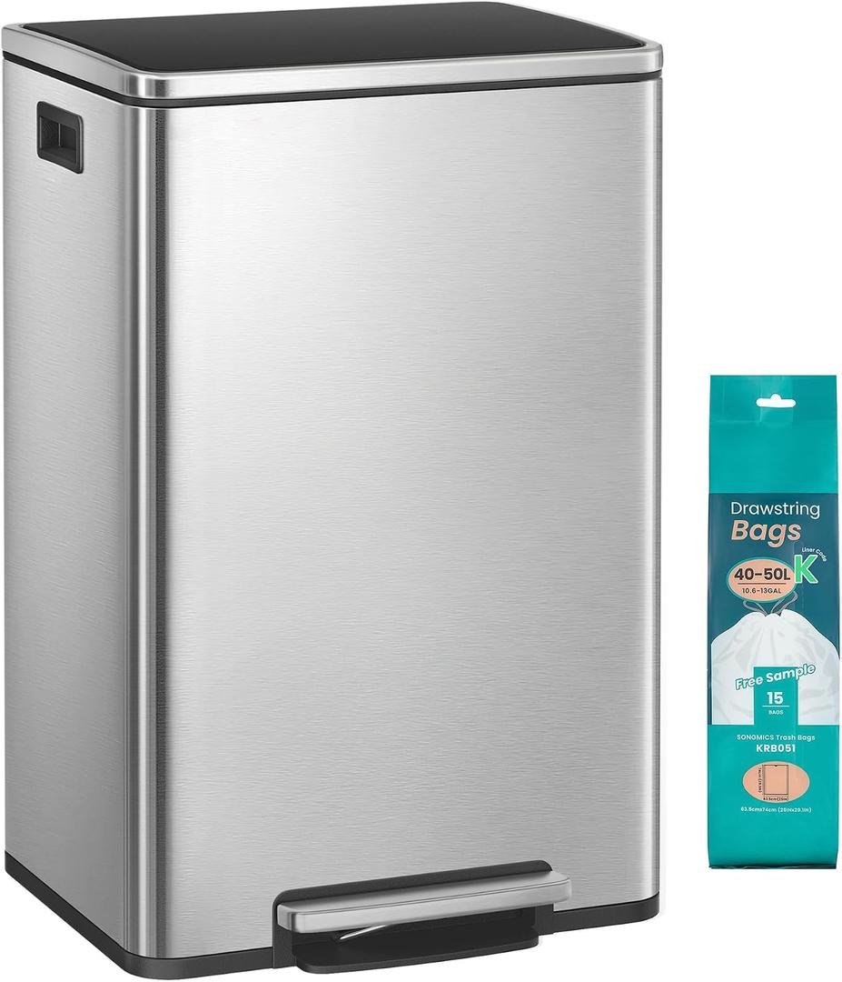 SONGMICS HOME 13-Gallon Trash Can, Stainless Steel Step Garbage Can for Kitchen, Soft Close Lid, Removable Inner Bucket, 15 Trash Bags, 16.6 x 14.9 x 25.7 Inches, 1 Pack, Silver