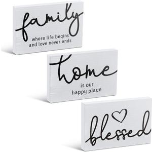 Jetec 3 Pcs Family Home Blessed Rustic Wood Sign Mini Wood Decorative Farmhouse Woodworks Table Shelves Decorations Sign for Bedroom Kitchen Living Room Table Decor(White,4.25 x 2.76 x 0.59 in)