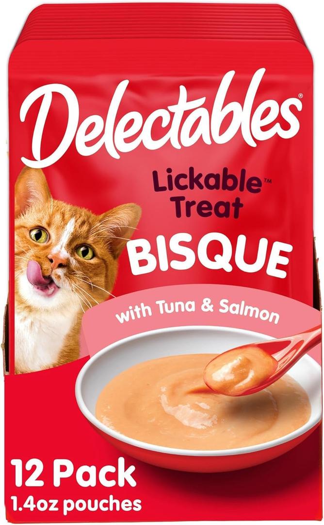 Delectables Lickable Treat Bisque Wet Cat Treat with Real Tuna & Salmon, Food Topper, Hydrating, Grain-Free, No Fillers, No by-Products, No Added Preservatives, 1.4oz Pouch, 12ct, Best By: APR 09 2026