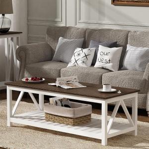 ChooChoo Farmhouse Coffee Table, Rustic Vintage Living Room Table with Shelf, 47 White