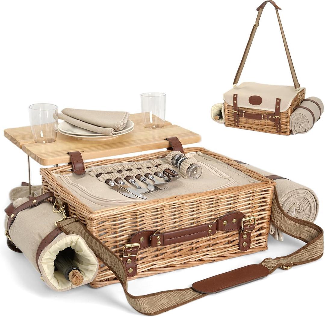 Multifunctional Wicker Picnic Basket Set for 2 with Blanket and Picnic Table, Insulated Picnic Set with Full Tablewares for Camping Outdoor Couples,Natural Multifunctional Wicker Picnic Basket Set for 2 with Blanket and Picnic Table, Insulated Picnic Set with Full Tablewares for Camping Outdoor Couples,Natural