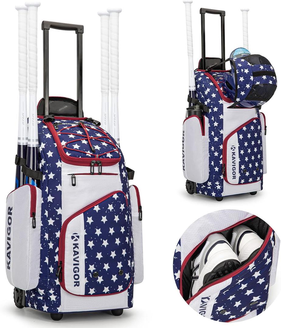 KAVIGOR Rolling Baseball Bag with Wheels, 60L Capacity Softball Bag Holds 4 Bats for Boys and Girls, Youth Equipment Bag with Shoe Compartment, Large