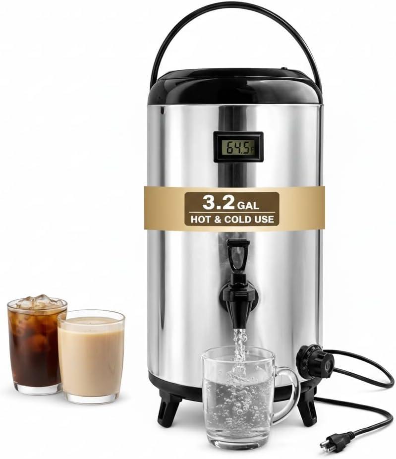 Electric Hot Drink Dispenser with Temperature Display & 304 Stainless Steel Heating Plate, 12L / 3.2 Gallon Heated Beverage Dispenser with Spigot for Milk Tea, Coffee & Water