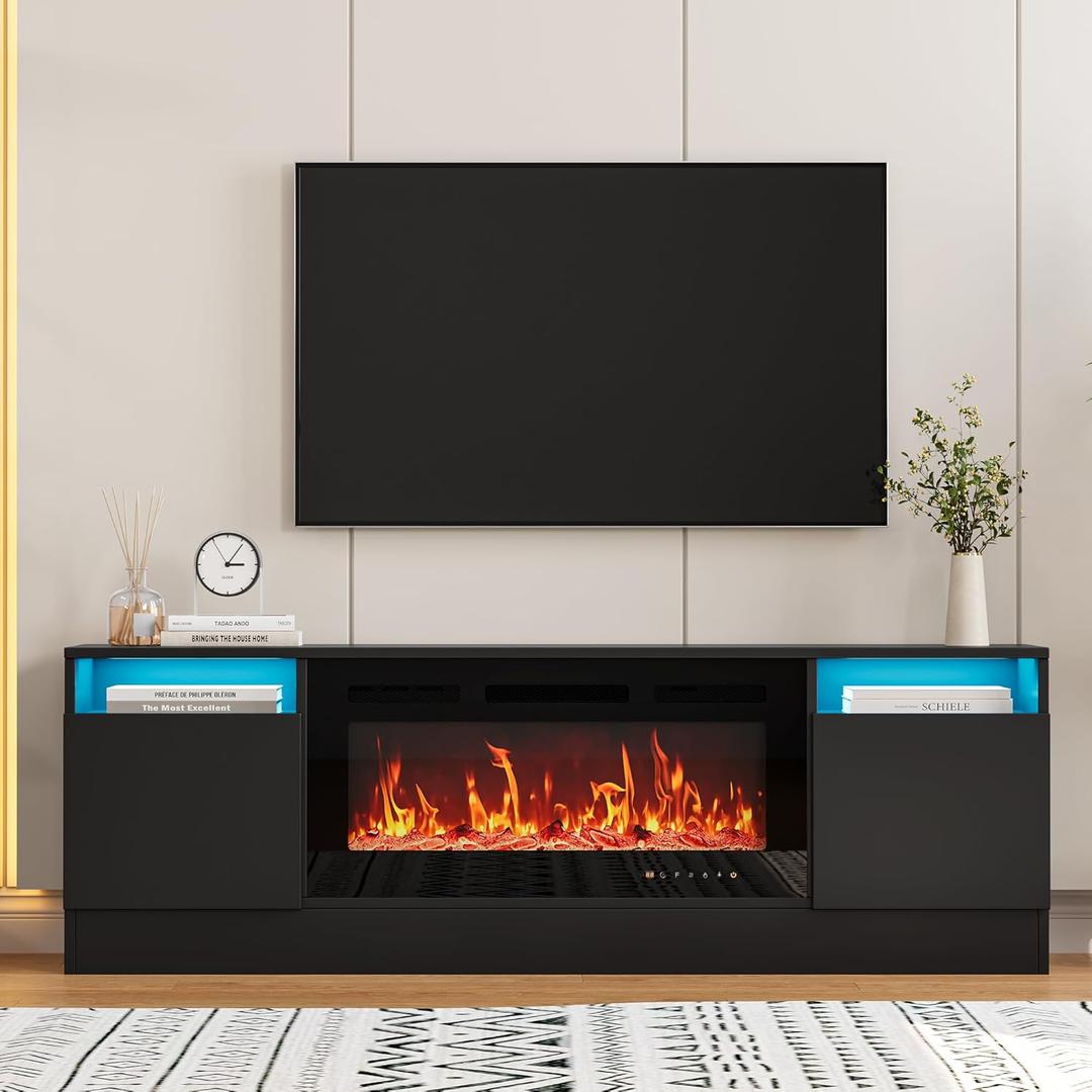 Garvee 70" Black TV Stand for Living Room  Modern Wooden TV Console Table with Storage Cabinet, Fits TVs up to 75", Compatible with 36" Electric Fireplace (Fireplace Not Included)