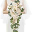 Serwalin 9.8in Wedding Bouquets for Bride, Boho Champagne Roses & Dahlia Flowers for Wedding Decoration