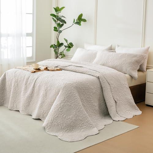 Sanracie Oversized King Bedspread Sets(128"x120"), Soft Cotton California King Size Quilt, 1 Oversized Farmhouse Bedspread+ 2 Pillow Shams, Lightweight Washed Quilt Bedding Set, Light Wheat, 3PCS