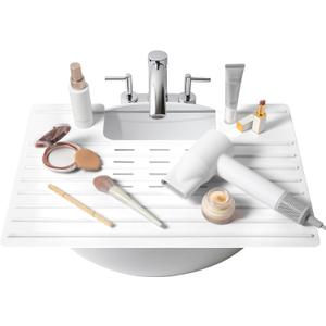 Maplefield Bathroom Sink Cover & Silicone Makeup Mat - White, 22 x 2 x 2 In - Heat Resistant to 400F - Foldable Roll-Up Design with Raised Ridges - Space-Saving Countertop Mat (Large)
