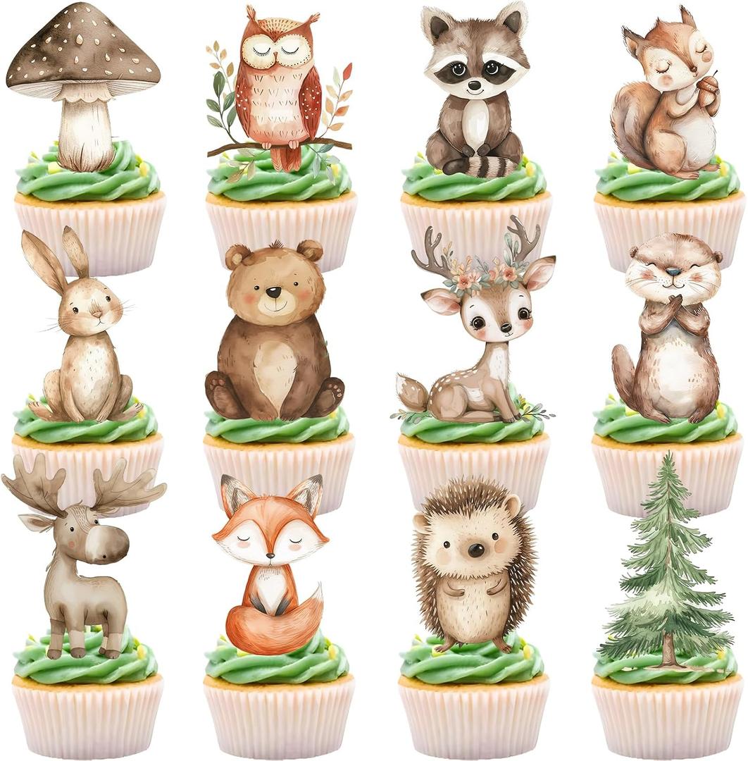 48pcs Woodland Cupcake Toppers for Woodland Baby Shower Decorations Forest Animal Cupcake Decorations Birthday Party Decorations