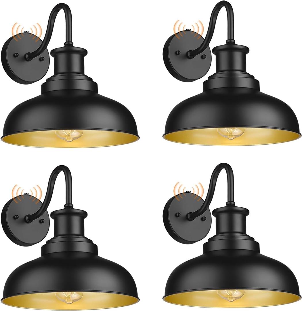 Dusk to Dawn Outdoor Gooseneck Barn Lights Outdoor Wall Sconces Farmhouse Exterior Wall Mount Light Vintage Outside Lighting Fixture Industrial Black Lanterns for Porch Garage Shed Patio, 4 Pack