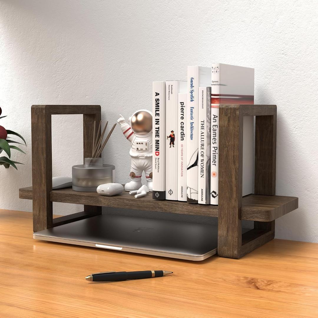 Small Bookend-Type Desktop Bookshelf Rustic Handmade Vintage Style, Loose-Fit Reversible Organizer | Easily-Adjustable Desk Shelf for Home, Class, Dorm | Carbonzied Paulownia Solid Wood