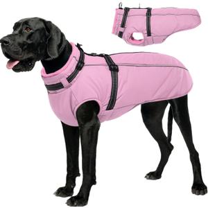 Lelepet Dog Coat for Large Dogs Waterproof Dog Jacket with Harness Built in Reflective Fleece Jacket with Zip Windproof Cold Weather Coats for Dogs Cozy Thermal Pet Snowsuit, Weimaraner, Pink, XXL