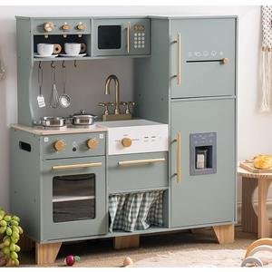 ROBUD Play Kitchen Set, Wooden Play Kitchen with Ice Maker, Fridge, Coffee Machine, Oven, Dishwasher, Microwave, Kitchen Accessories, Toy Kitchen Gift for Boys Girls, 3+