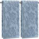 SmoothNovelty 2 Pcs Quality Floral Jacquard Hand Towels Set for Bathroom Blue Hand Towels 100% Cotton Absorbent Decorative Weave Bath Decor Neutral Bathroom Decor Gift, 13.7 x 29.5 Inch