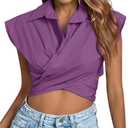 LYANER Women's Collar V Neck Wrap Front Cross Tie Back Cap Sleeve Crop Top Blouse.M