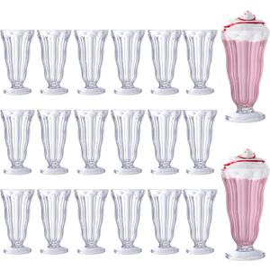 Mifoci 20 Pcs Milkshake Glasses 16 oz Old Fashioned Soda Glasses Footed Ice Cream Cups Clear Thick Plastic Fountain Cups for Juice Sundae Milk Tropical Drinks Party, 6.7 Inches X 3.5 Inches