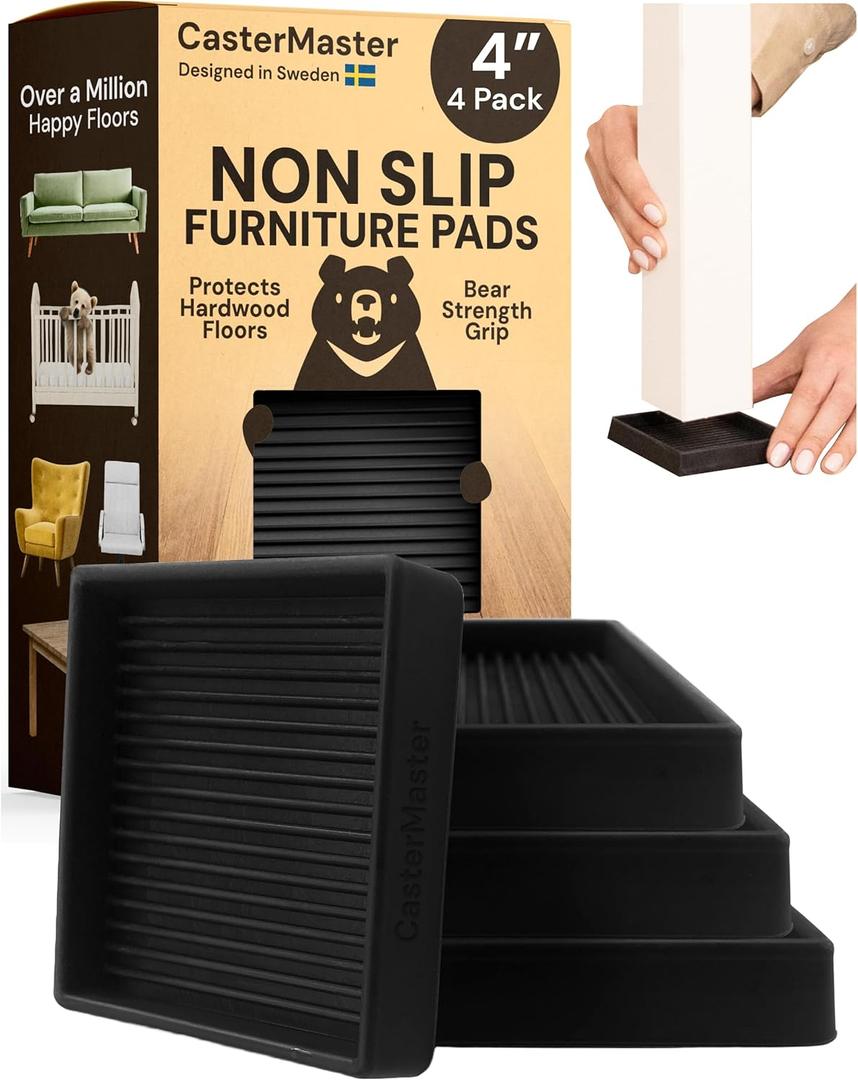 CasterMaster Non-Slip Furniture Pads Square Rubber Anti-Skid Caster Cups, Anti-Sliding Floor Protectors for Furniture (Black, 4'' x 4'' (Pack of 4))