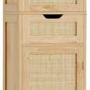 Iwell Tall Narrow Storage Cabinet with 1 Drawer and 2 Doors, Fluted Cabinet with Adjustable Shelves, Rattan Kitchen Cabinet for Bathroom, Living Room, Kitchen, Natural Oak, 67"H