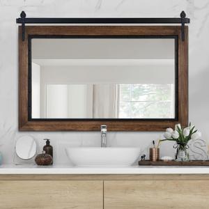 YOSHOOT Farmhouse Barn Door Mirror, 48"x30" Rustic Bathroom Mirror, Wood Frame Wall Mirror, Wooden Mirror for Living Room Bedroom Entryway Wall Dcor, Horizontal Hanging ONLY (Brown)
