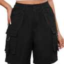 Bermuda Shorts for Women Cargo Cotton Shorts High Waist Knee Length 6 Pockets 2025 Summer Casual (X-Large, Black)
