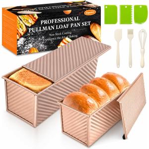 2Pack Loaf Pans with Lids  2.2 LB & 1 LB Dough Capacity, Non-Stick Carbon Steel Bread Pans for Homemade Sandwich and Sourdough Bread, Corrugated Toast Mold (Gold)