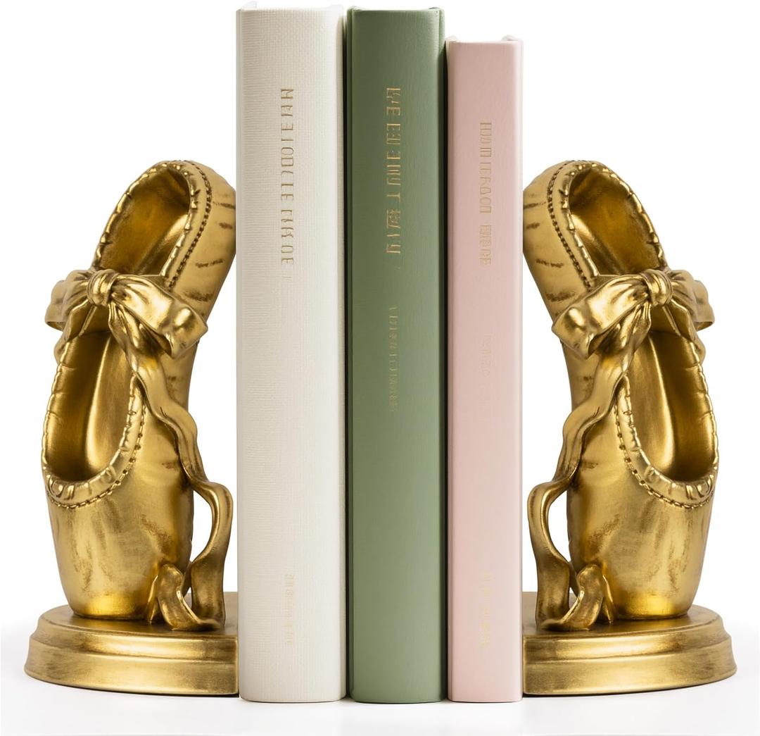 Bookends for Shelves, Ballet Slipper Decorative Bookends - Book Ends with Anti-Slip Pad for Book Lovers Dancers Heavy Book Holder for Home Office Decor (Gold)