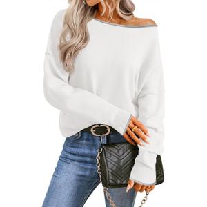Saodimallsu Womens Off The Shoulder Sweater Oversized Long Sleeve Knit Sweaters 2025 Casual Color Block Trendy Jumper Tops (White)