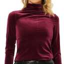 Allegra K Women's Turtleneck Velvet Top Long Sleeve Work Shirts Basic Velour Blouse (Medium, Burgundy)