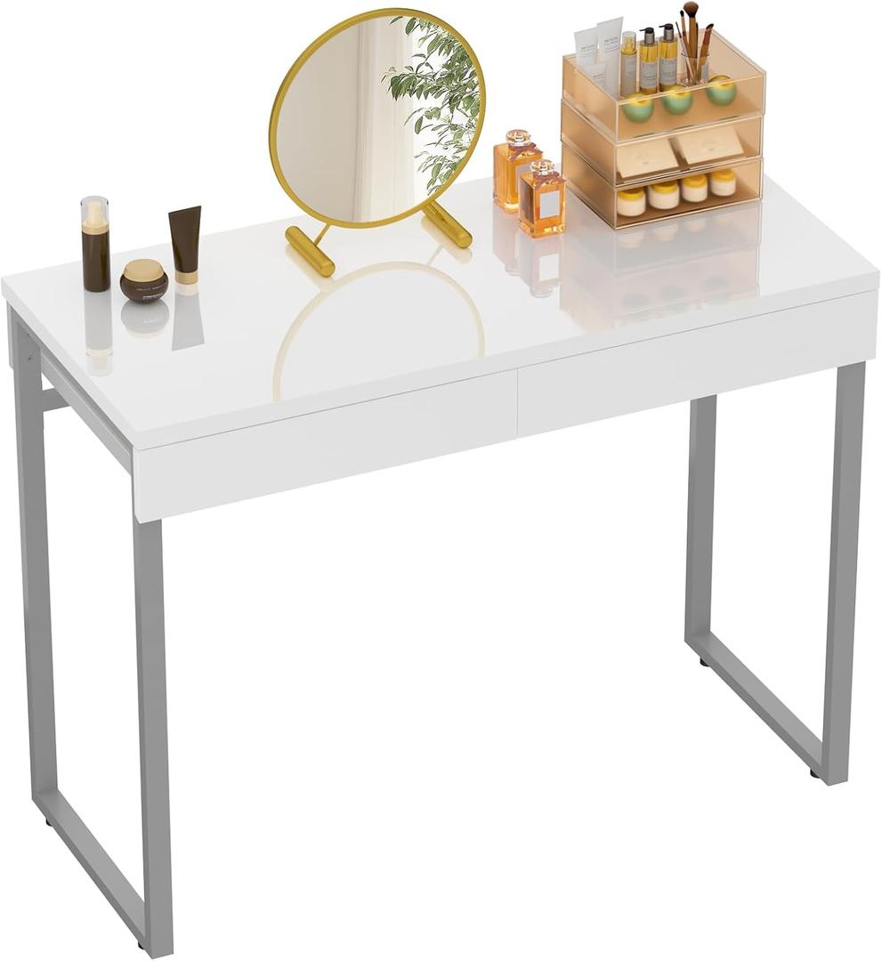 GreenForest Vanity Desk with 2 Drawers,Glossy Desktop White Desk for Bedroom,Makeup Table with Storage Space,Small Desk for Home Office,39 inch No Mirror (Silver)