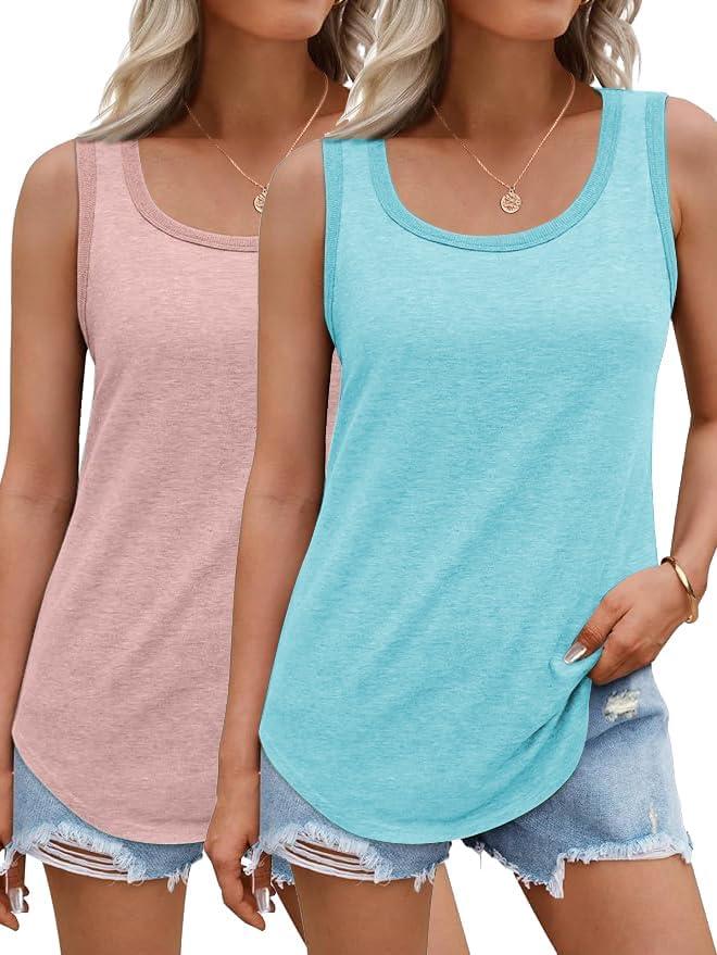 Womens Tank Tops 2 Pack Summer 2025 Basic T-Shirts Crew Neck Loose Fit Cami Shirts Sleeveless Outfits (Blue, L)