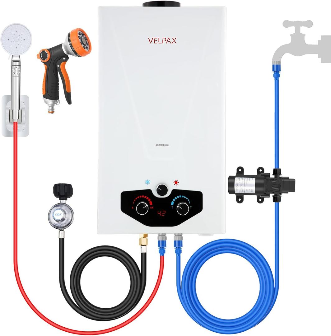 Tankless Water Heater Propane,2.64GPM 10L Outdoor Portable water heater,with 2 GPM Water Pump, Instant Propane water heater with Digital Display Multi-Protection for Camping Trips
