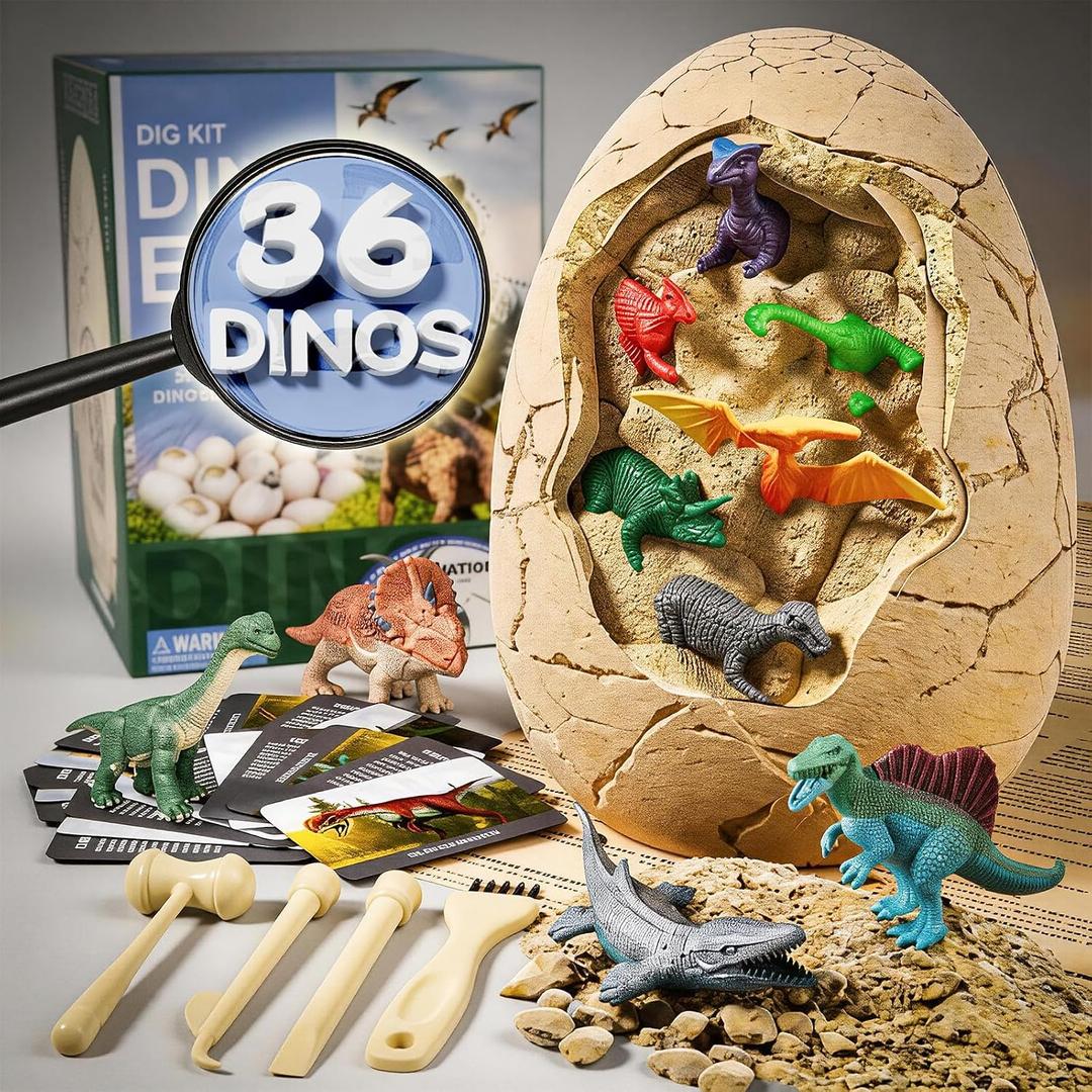 36 Unique Dinosaurs Excavation Kit, Jumbo Dino Egg Dig Kit Toys with Tool & Learning Cards, STEM Science Experiments Gift for Kids 3-12 Years Old, Easter Basket Stuffers, Party Favors for Boys & Girls