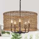 Hand-Woven Rattan Chandelier Vintage Farmhouse Boho Bamboo Chandeliers Light Fixture Rustic Retro 5-Lights Drum Wicker Rattan Black Chandelier for Dining Room, Kitchen, Living Room, E12 (Black 19.7")