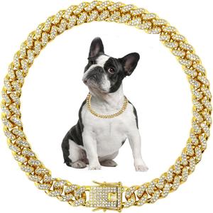 Gold Dog Necklace, Dog Chain Collars, Diamond Metal Bling Choke Cuban Link Dog Collar, 13mm Wide Pet Jewelry for Puppy Small Medium Large Dogs (16inch)