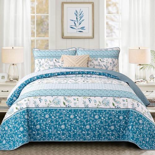 WONGS BEDDING Floral Quilt Set Queen Size, Bohemian Striped Patchwork Bedspread Coverlet Set, 3 Pieces Soft Microfiber Quilts Farmhouse Flower Bedding Set for All Season (96"x90")