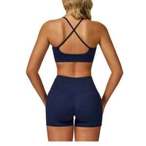 Women 2 Piece Workout Set Spaghetti Straps Cross Back Sports Bra V High Waist Biker Shorts Gym Outfit with Pocket, XS
