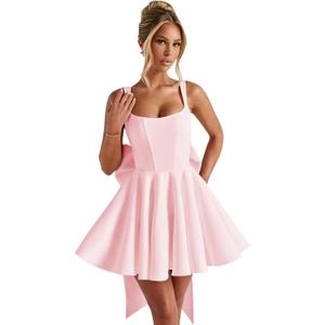 Short Homecoming Dresses with Bow Satin Square Neck Spaghetti Straps Corset Prom Formal Cocktail Dress (2, Pink)