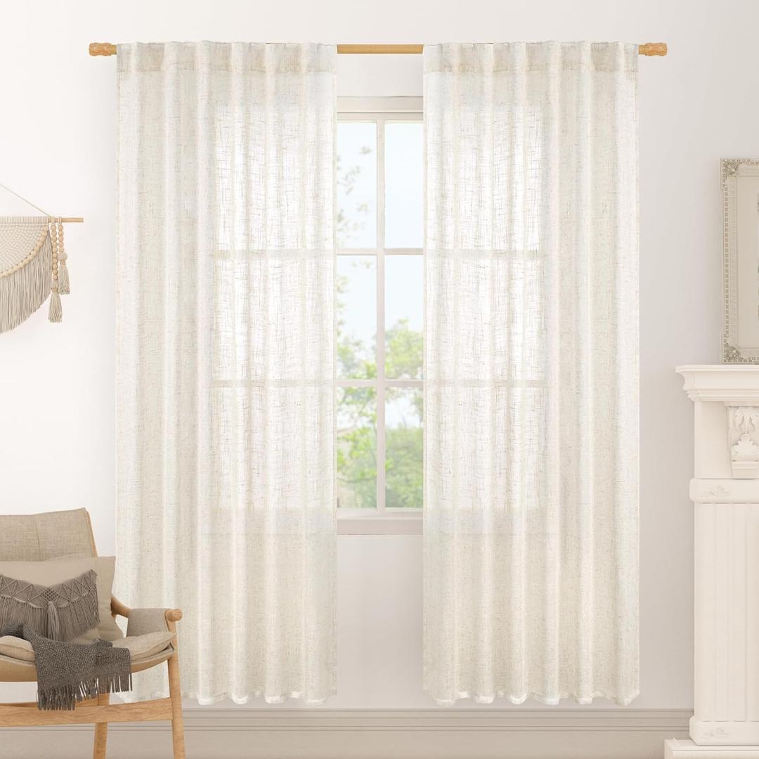 LAMIT Cream Linen Boho Curtains, 80 inch Length, 2 Panels, Light Filtering Semi Sheer, Back Tab and Rod Pocket, Neutral Panels for Bedroom/Living Room, 52 x 80 Inch