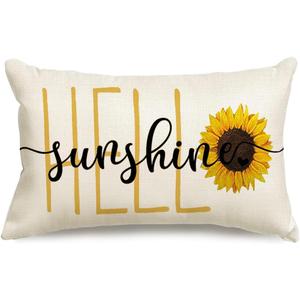 2 x RABUSOFA Hello Sunshine Quote Sunflower Spring Summer Pillow Covers,Seasonal Outdoor Decorative Cushion Case Summer Decorations for Home Sunflower Decor 12x20 Inch