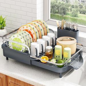 SAYZH Dish Drying Rack - Expandable Dish Rack for Kitchen Counter, Rust-Resistant Dish Drainer with Utensil Holder and Raised Guardrail, Kitchen Organizer for Cup and Bottle (Grey)