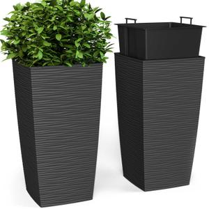 Heavy Duty Tall Planters for Outdoor Plants, Indoor Grande Plant Pots, Boxes, Trees, Flower Pots, 2-Piece Set, 24”, Modern Design, Built-in Drainage, Front Porch Decor, Dark Gray