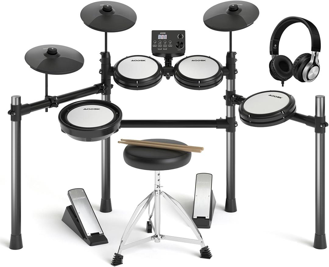 AODSK Electric Drum Set with Quiet Mesh Pads,Electronic Drum for Beginner,USB MIDI,Throne,Headphones,Sticks, Included 15 Kits and 195 Sounds (AED-403-Teenagers Beginners) (AED-403-Teenagers Beginners)