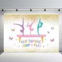 MEHOFOND Gymnastics Birthday Backdrop for Girls Gymnasts Flip Tumble Jump and Play Party Decor Supplies Gold Glitter Photography Background Cake Table Banner Photo Booth Props 7x5ft