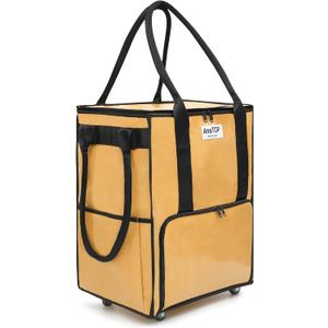 AnsTOP Reusable Grocery Bag on Wheels, 66LBS Foldable Shopping Cart with 5 Smooth Caster Wheels Zippered Top, Rolling Tote with Multiple Pockets for Groceries, Laundry, Travel, Camping,Medium,Brown