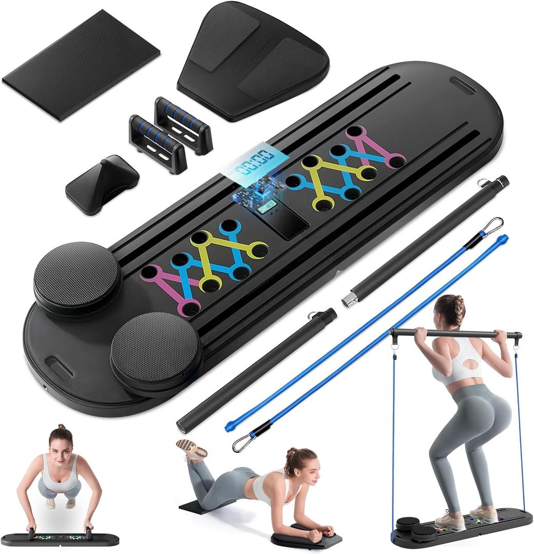 INSMEER Home Foldable Pilates Reforming Machine with Automatic Rebound Roller, Multifunction Abdominal Exercise Board Tension Rope Timer Reformer Set