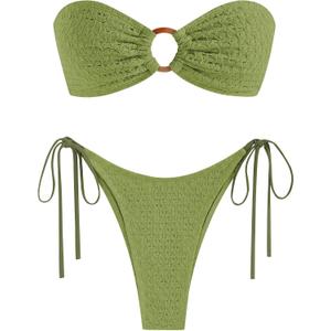 ZAFUL Women's Bandeau Bikini Strapless O Ring Lace Tie Back High Cut Two Piece Swimsuit Bathing Suits, L, Green