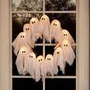 Light-Up Halloween Ghost Wreath, 12 Glowing White Spooky Halloween Wreaths for Front Door, Outdoor & Indoor Hanging Decoration for Wall Door, Halloweens Decor